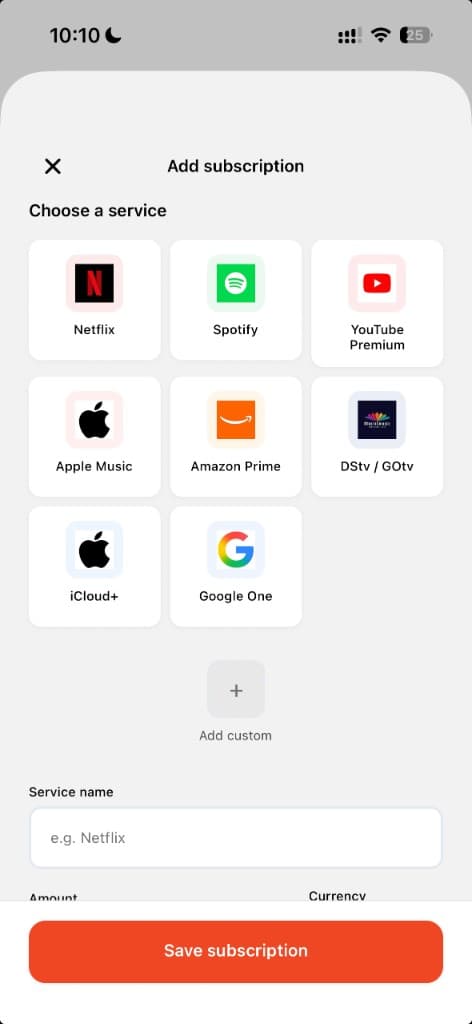 Harbingr add-subscription templates screen