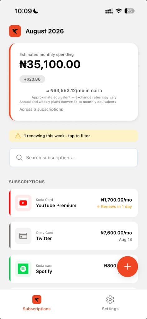 Harbingr app on iPhone — subscription dashboard