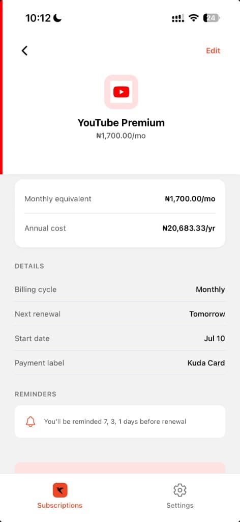 Harbingr subscription detail with reminders